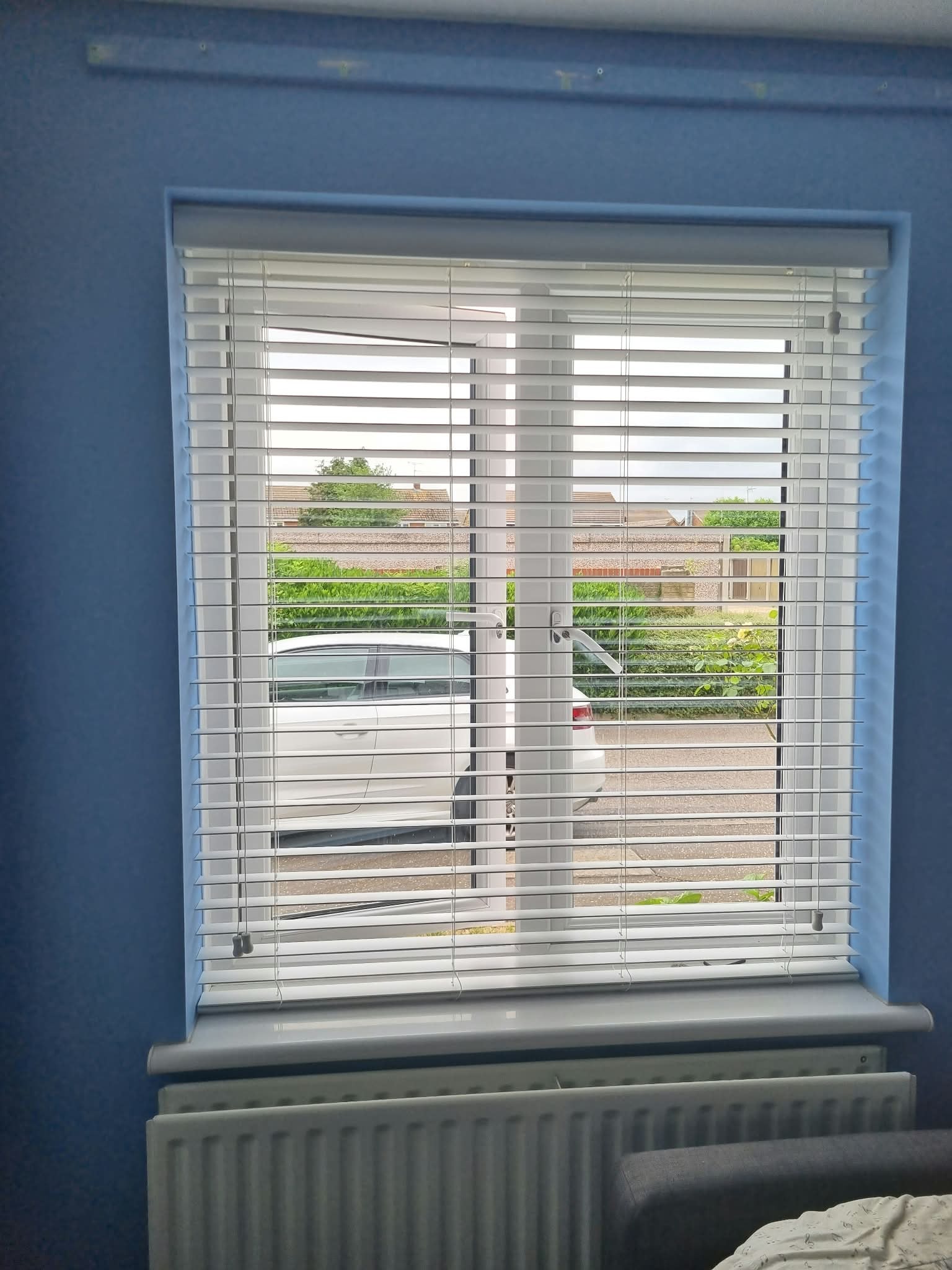 White Venetian blind on a window in a blue-walled room — Sustainable Shutters & Blinds